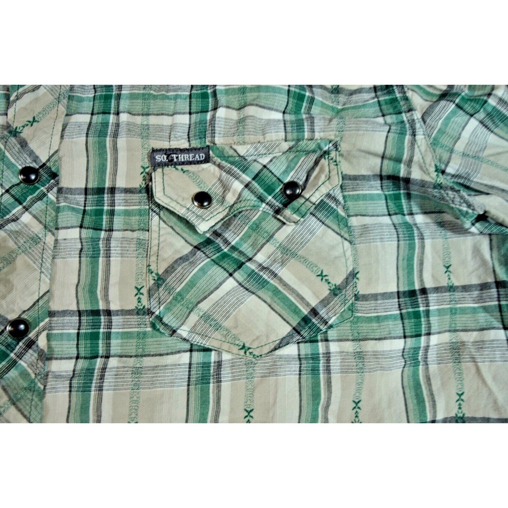Southern Thread Men Western XL Shirt Green Plaid Pearl Snap Sawtooth Long Sleeve